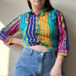 Lauren Ralph Lauren 90s Style Blue Yellow Button Up 3/4 Sleeve Shirt Plus LRL 3X